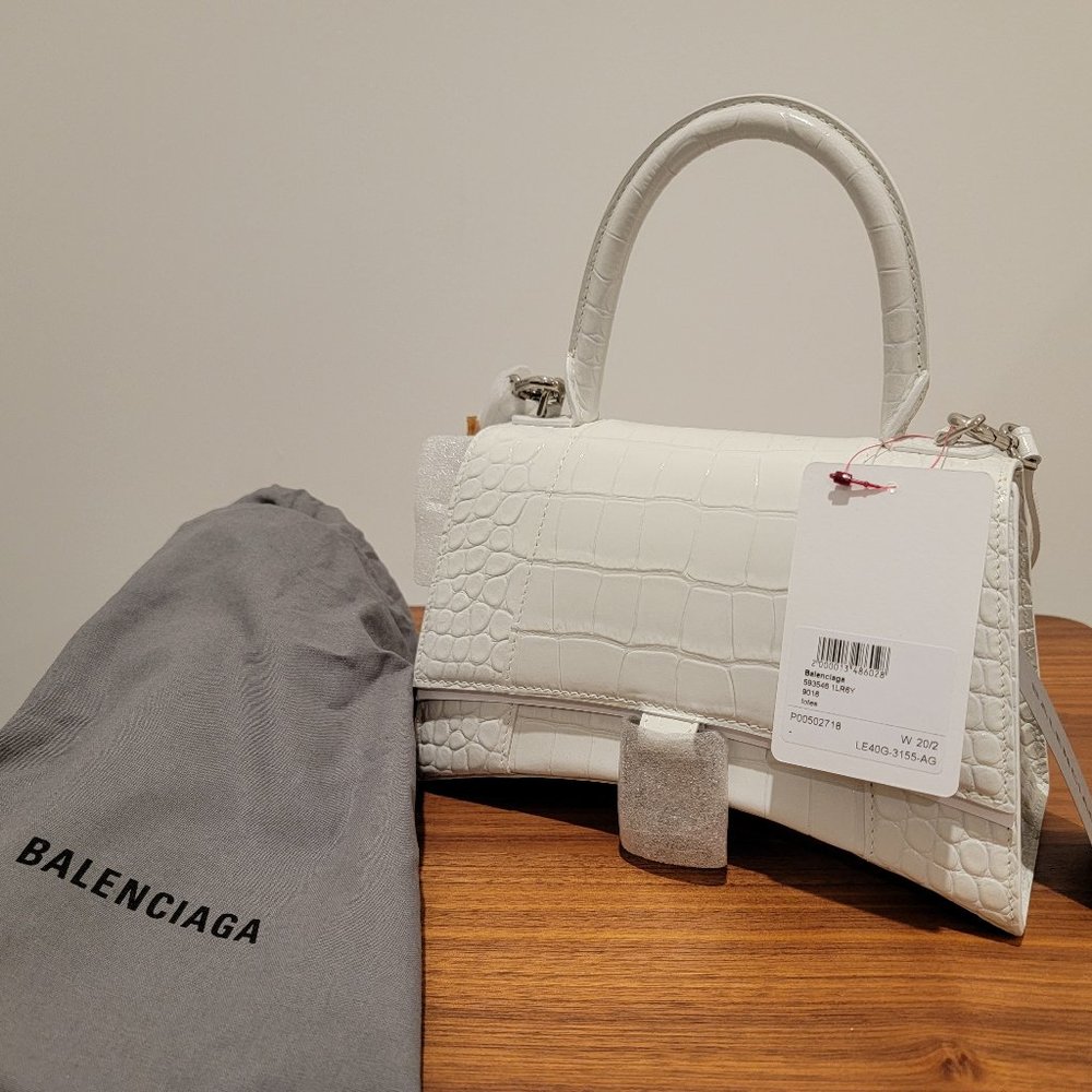 Brand new Balenciaga Hourglass Small crocodile embossed bag in white